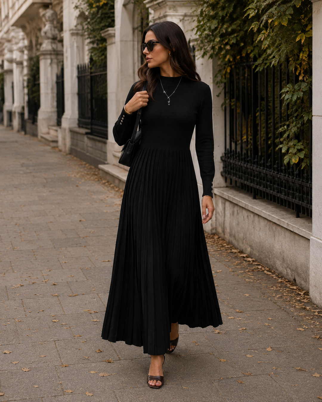 Knitted Maxi Dress Womens Pleated Skirt High Neck Long Sleeve Fitted Bodice - image 4