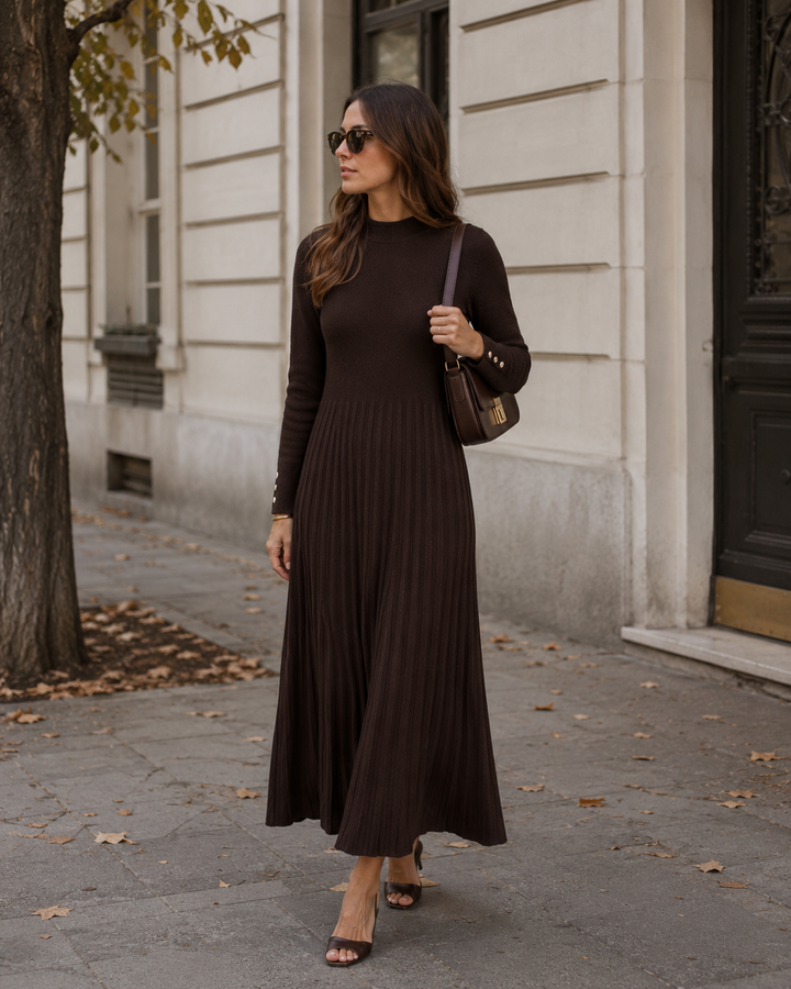 Knitted Maxi Dress Womens Pleated Skirt High Neck Long Sleeve Fitted Bodice - image 2