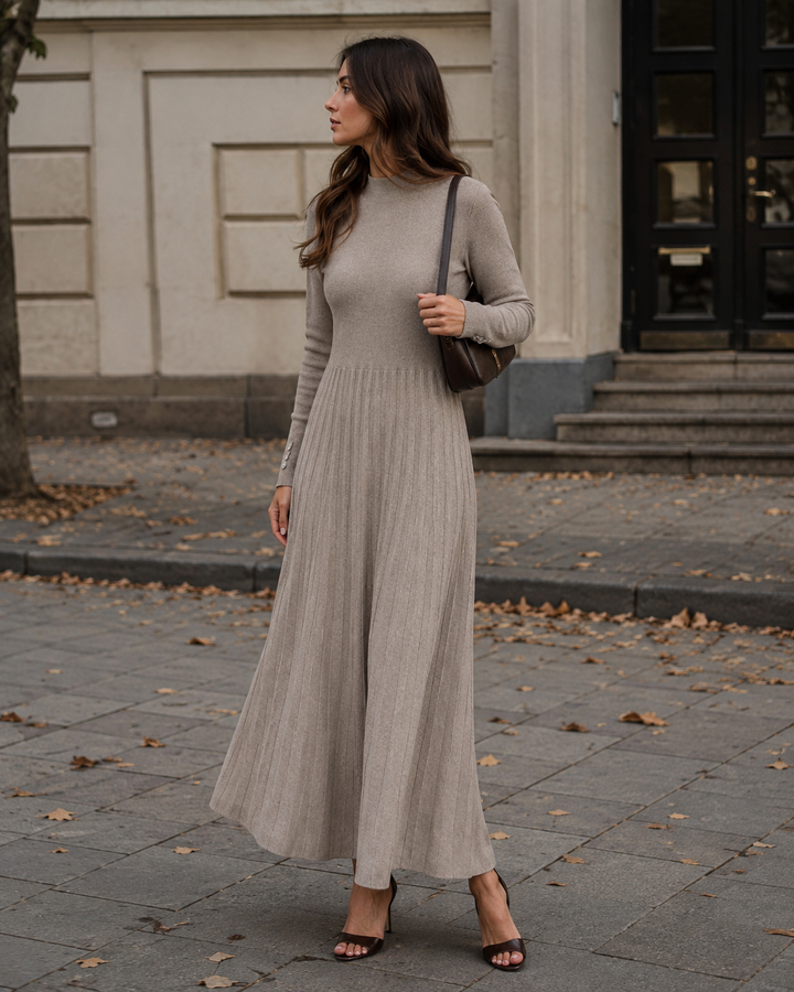 Knitted Maxi Dress Womens Pleated Skirt High Neck Long Sleeve Fitted Bodice - image 1