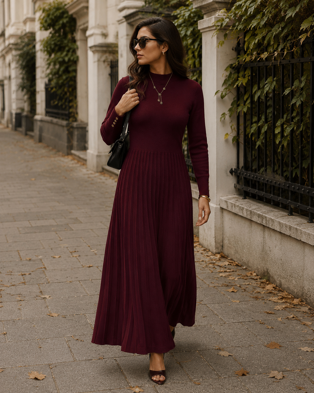 Knitted Maxi Dress Womens Pleated Skirt High Neck Long Sleeve Fitted Bodice - image 3