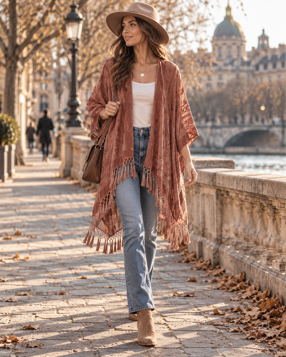 Kimono Womens Longline Velvet Effect Floral Open Front Tassel Fringe Boho Cover Up - image 1