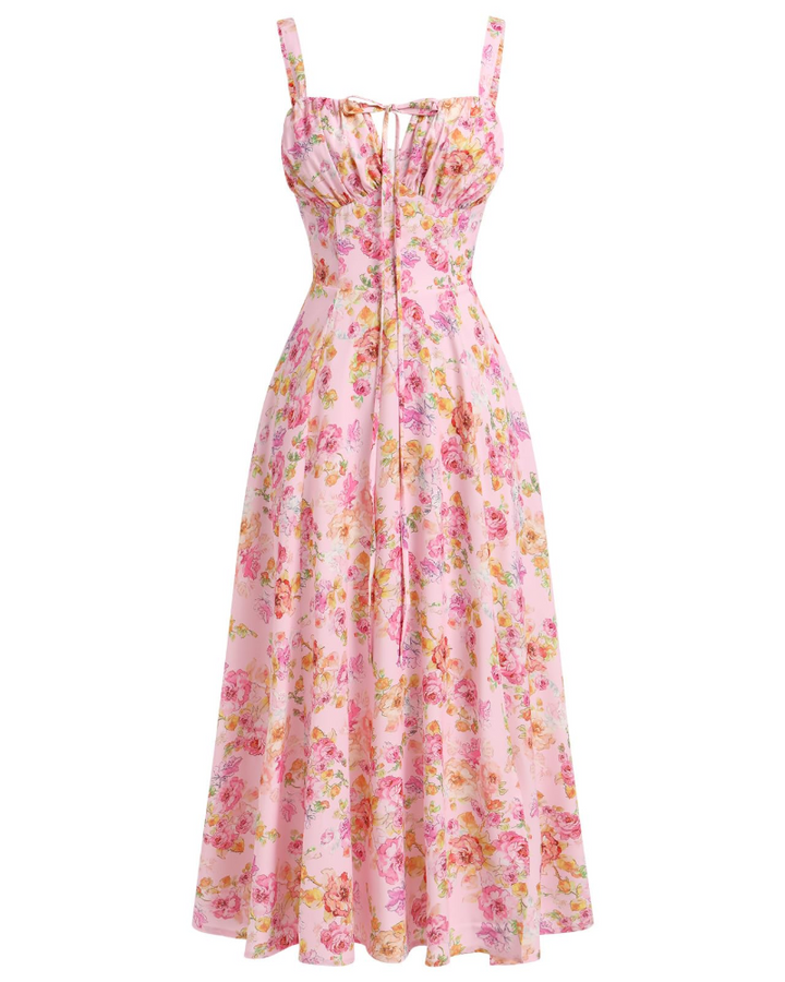 Midi Sundress Womens Thin Strap Tie Front Ruched Bust Leg Slit Floral Boho A-Line - image 7