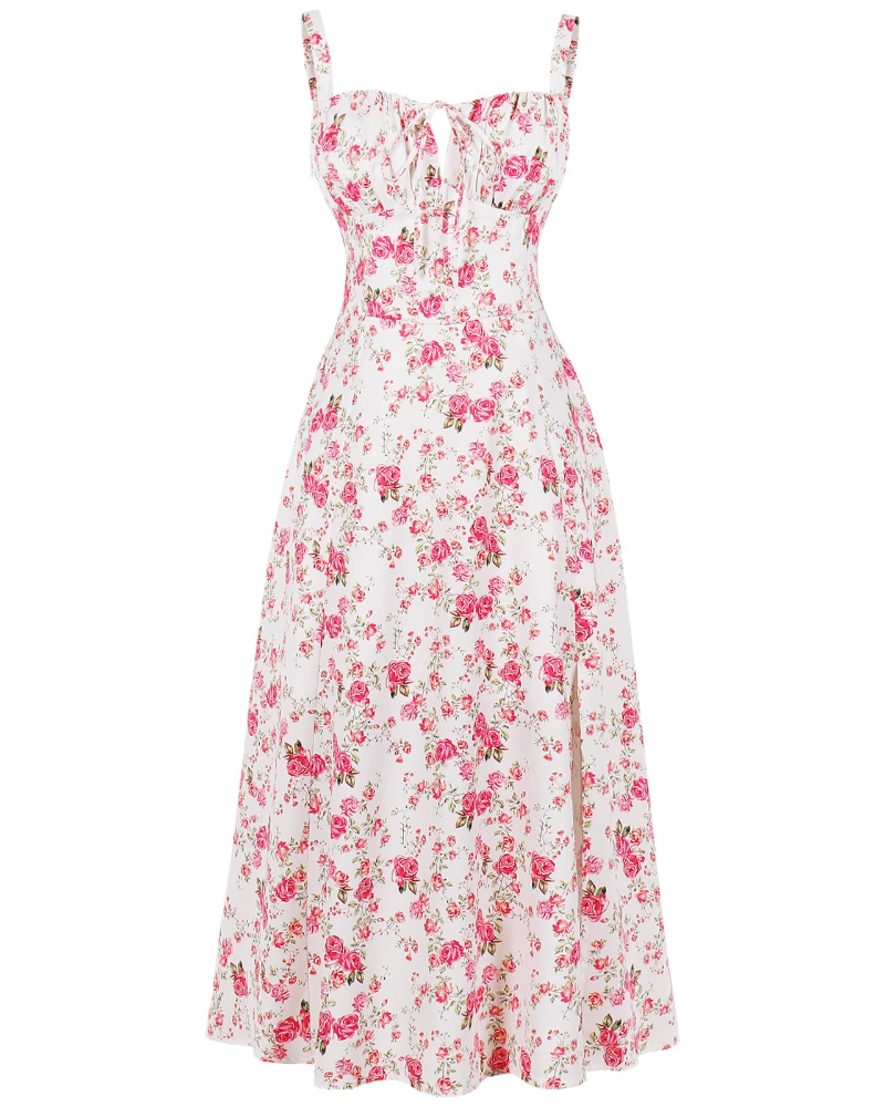 Midi Sundress Womens Thin Strap Tie Front Ruched Bust Leg Slit Floral Boho A-Line - image 2