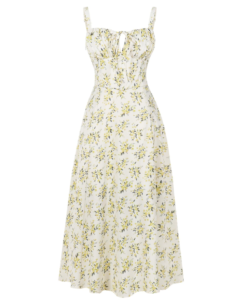 Midi Sundress Womens Thin Strap Tie Front Ruched Bust Leg Slit Floral Boho A-Line - image 4