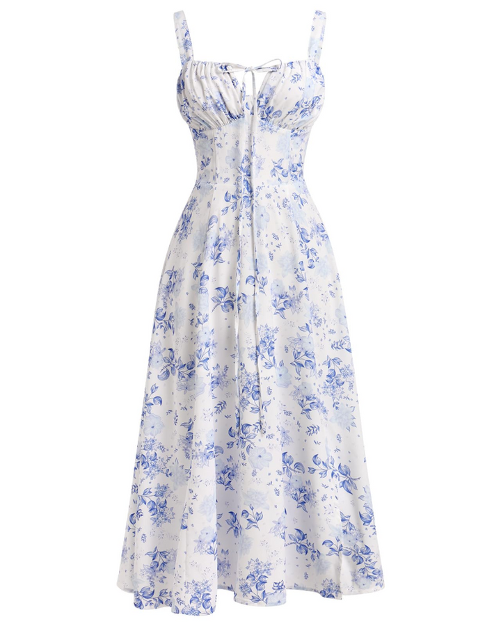Midi Sundress Womens Thin Strap Tie Front Ruched Bust Leg Slit Floral Boho A-Line - image 6