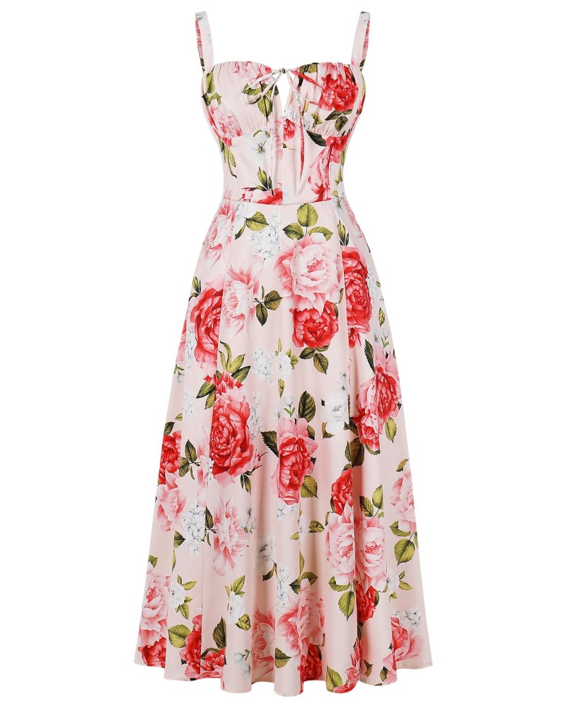 Midi Sundress Womens Thin Strap Tie Front Ruched Bust Leg Slit Floral Boho A-Line - image 3