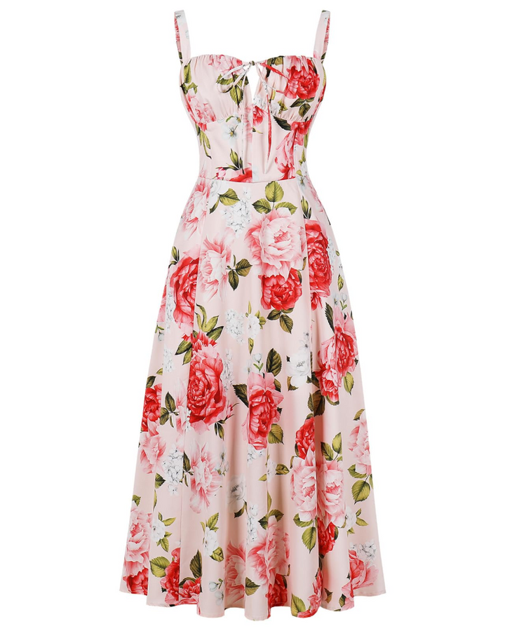 Midi Sundress Womens Thin Strap Tie Front Ruched Bust Leg Slit Floral Boho A-Line - image 3