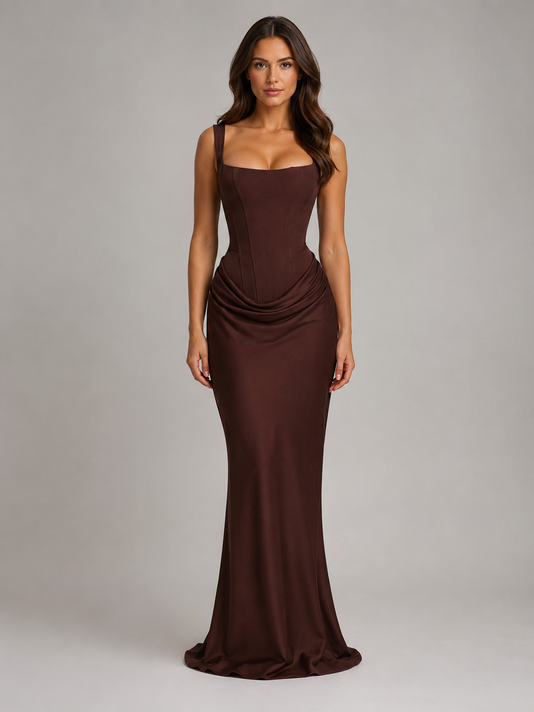 Maxi Dress Womens Bodycon Corset Square Neck Draped Waist Sleeveless Back Zip — image 1