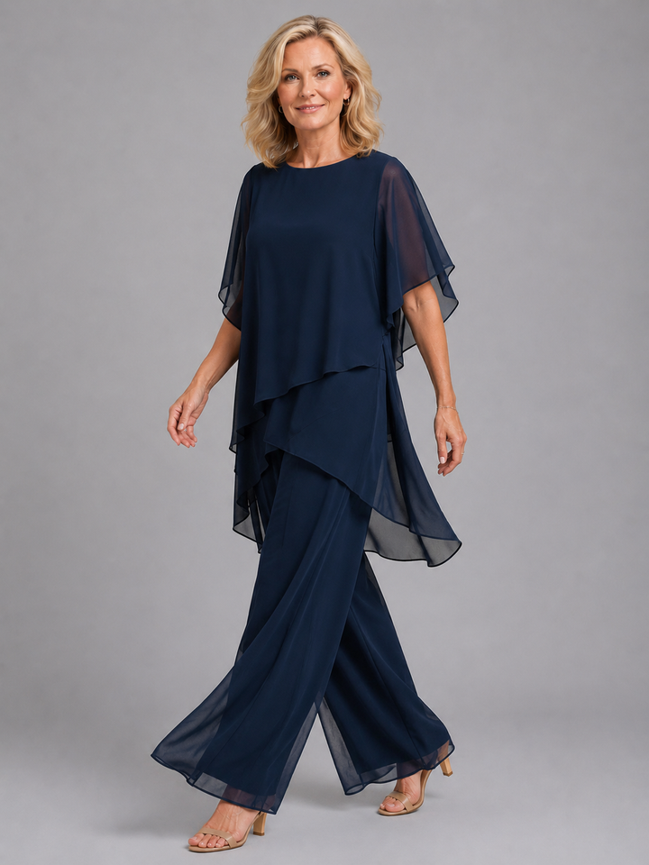 Two Piece Set Womens Chiffon Layered Top Wide Leg Trousers