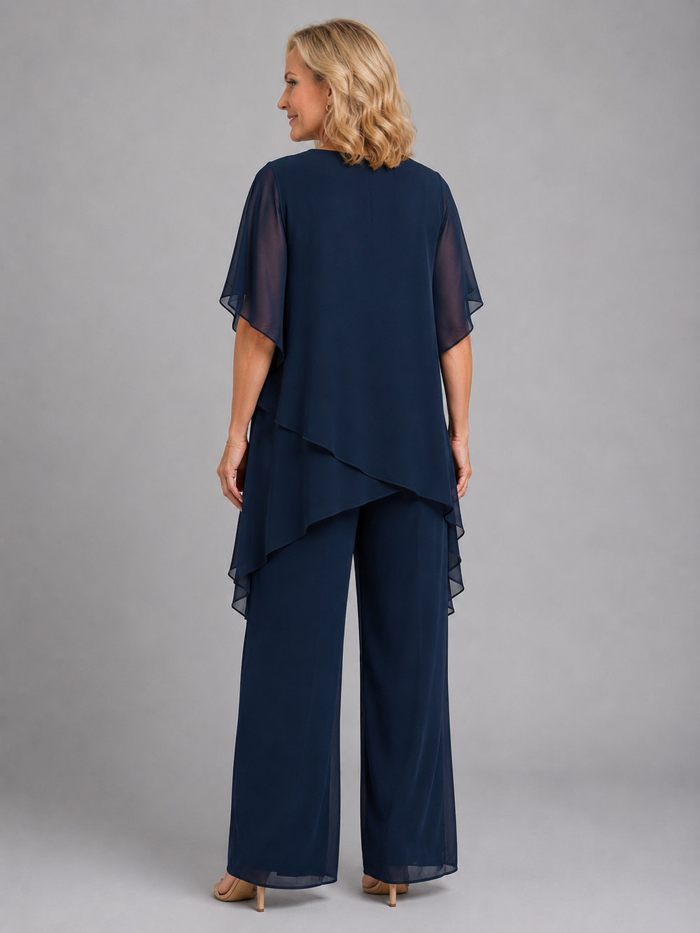 Two Piece Set Womens Chiffon Layered Top Wide Leg Trousers