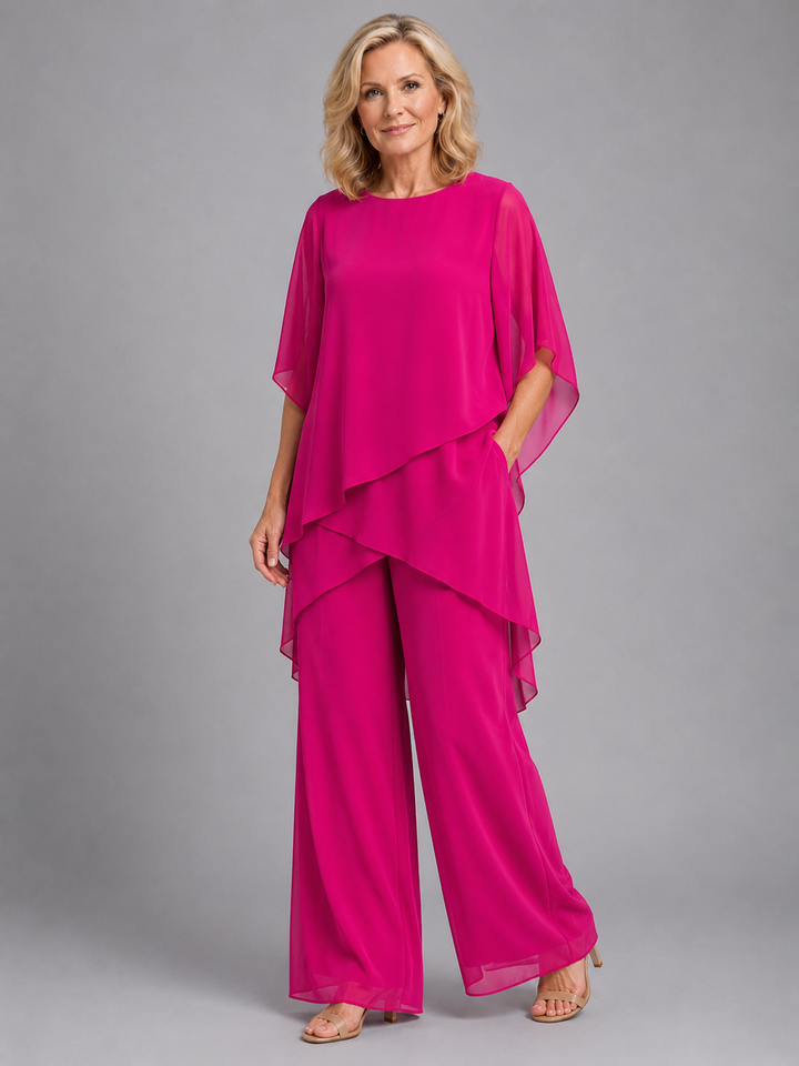 Two Piece Set Womens Chiffon Layered Top Wide Leg Trousers