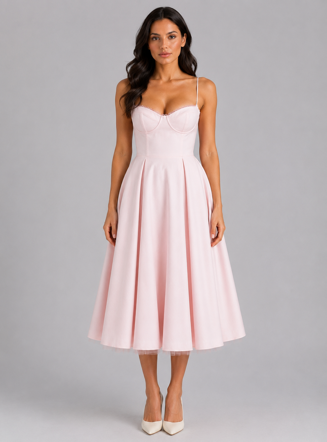 Midi Dress Womens Corset Bodice Sweetheart Neck Adjustable Strap Pleated Full Skirt — image 1