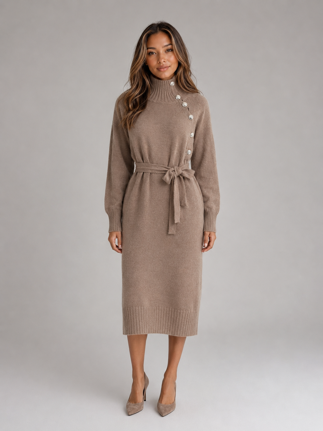 Jumper Dress Womens Roll Neck Belted Midi Length Button Shoulder Knitted - image 1