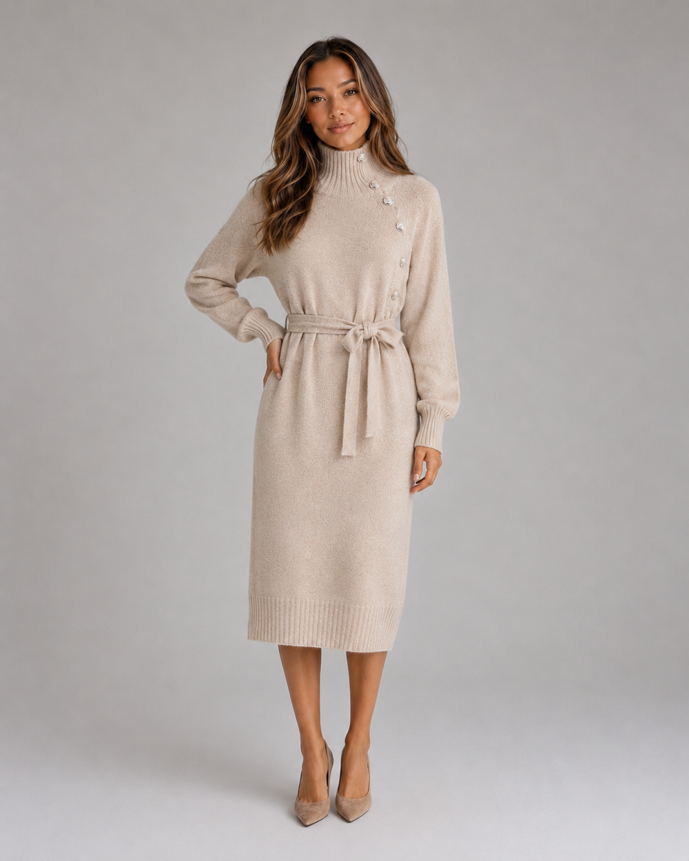 Jumper Dress Womens Roll Neck Belted Midi Length Button Shoulder Knitted - image 2