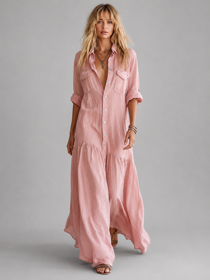 Maxi Dress Womens Linen Look Button Front Relaxed Summer