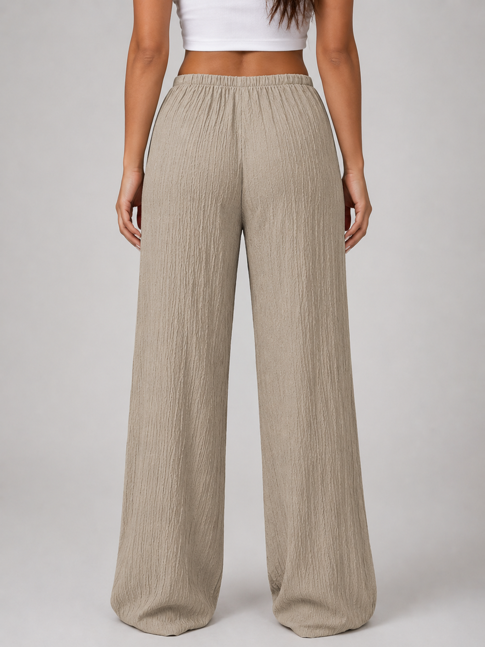 Wide Leg Trousers Womens Crinkle Texture Drawstring Waist
