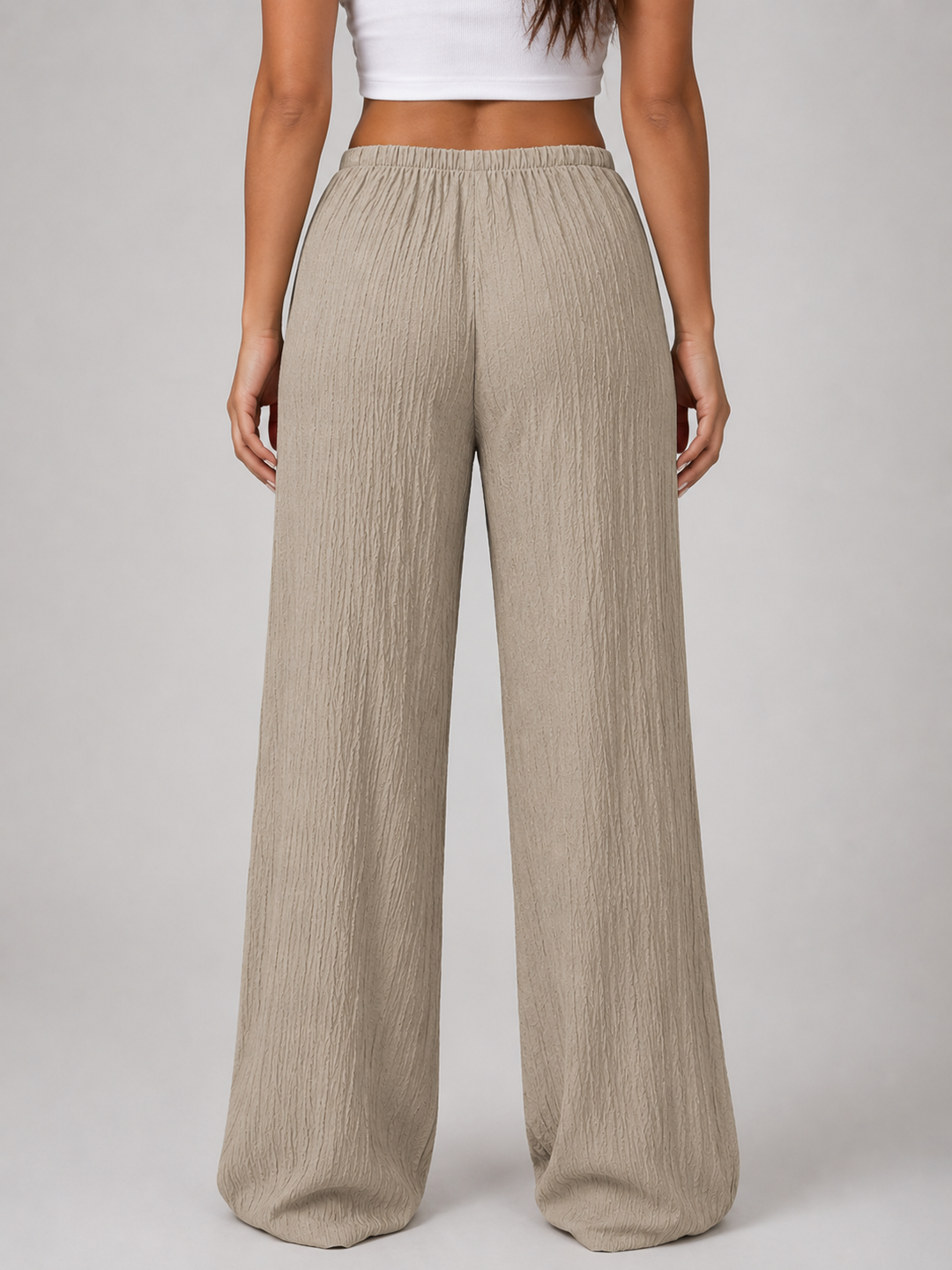 Wide Leg Trousers Womens Crinkle Texture Drawstring Waist