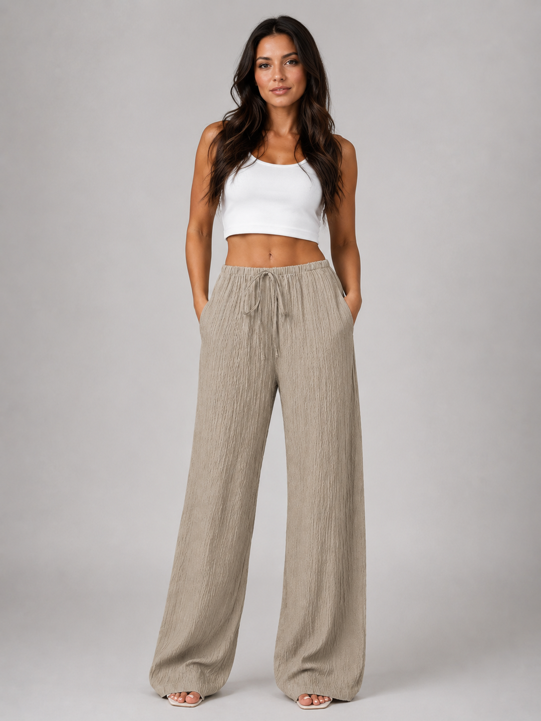 Wide Leg Trousers Womens Crinkle Texture Drawstring Waist