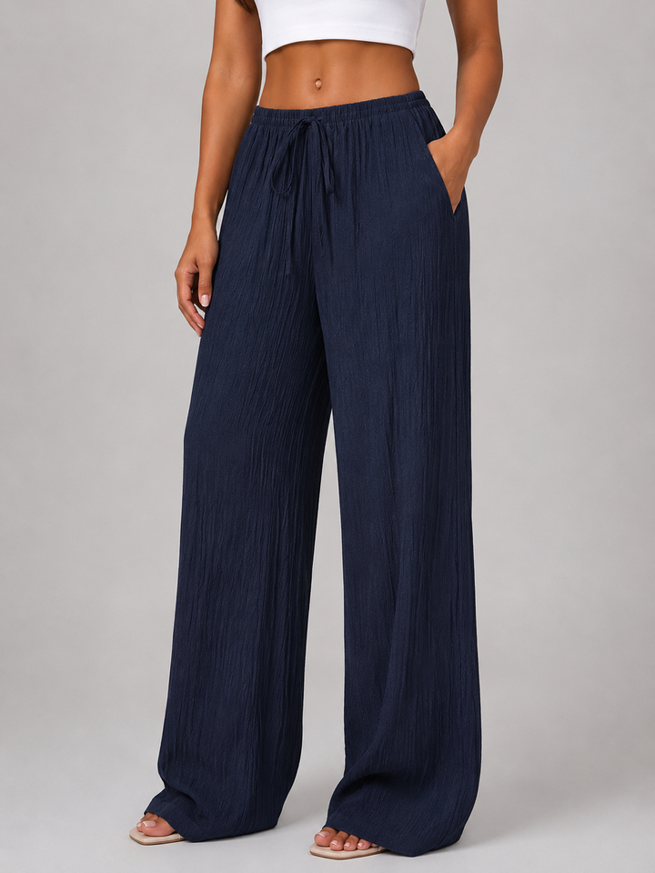 Wide Leg Trousers Womens Crinkle Texture Drawstring Waist