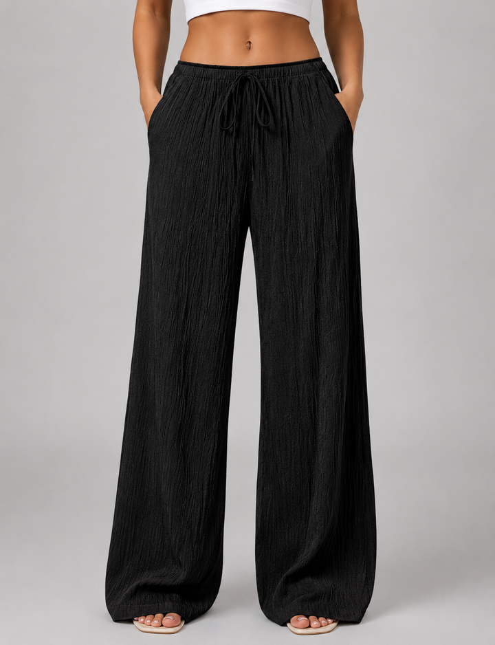 Wide Leg Trousers Womens Crinkle Texture Drawstring Waist