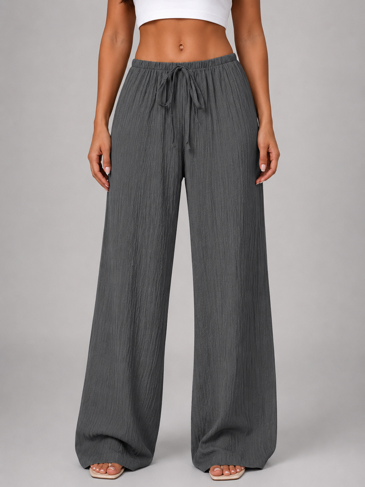 Wide Leg Trousers Womens Crinkle Texture Drawstring Waist