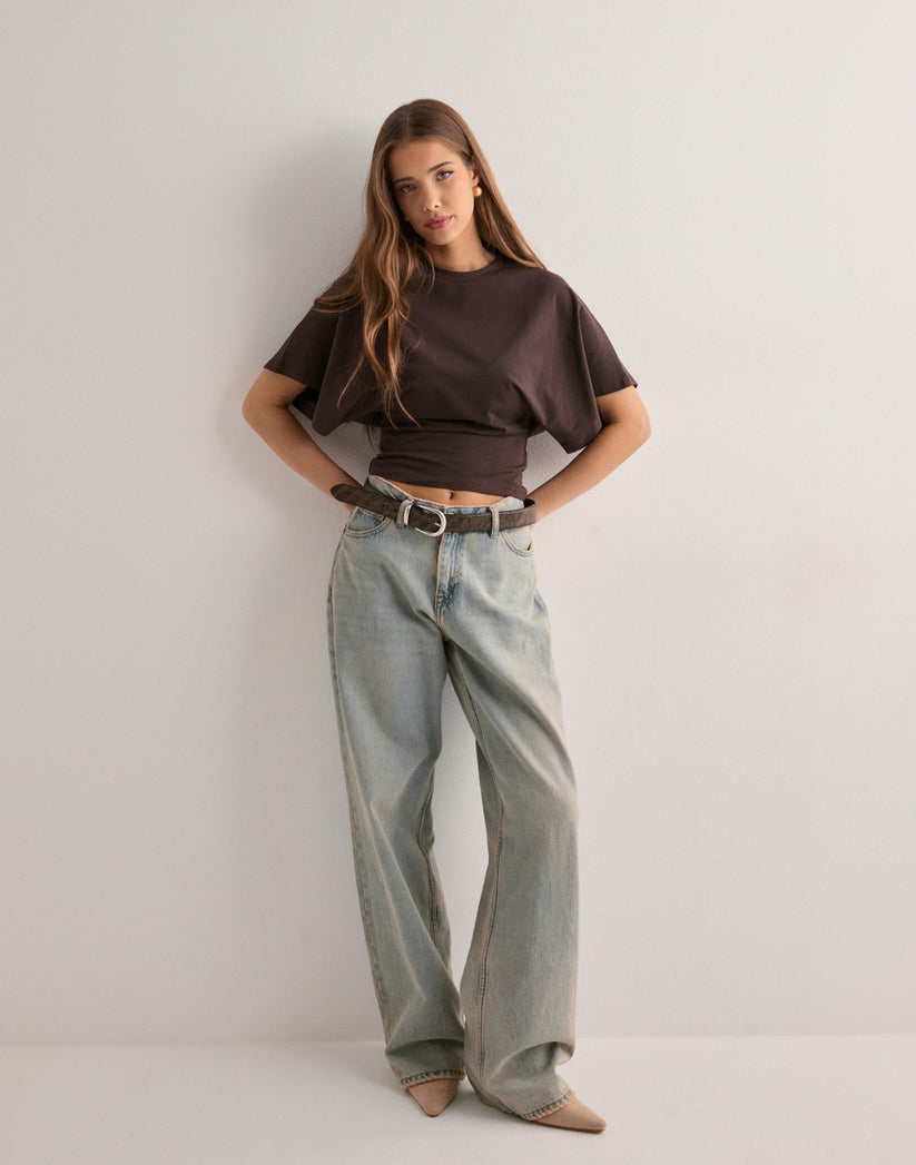Women’s Cropped Loose Fit Shirt  Wide Sleeve Crew Neck