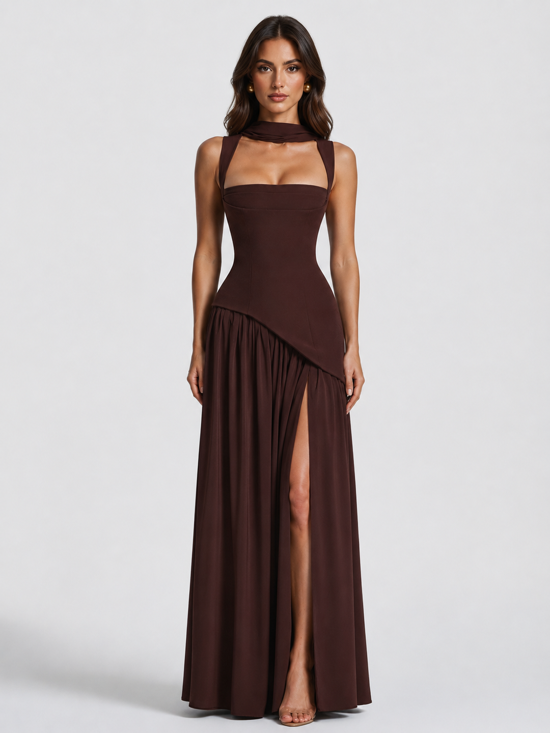 Maxi Dress Womens Satin Feel Draped Sculpted Bodice Fluid Skirt