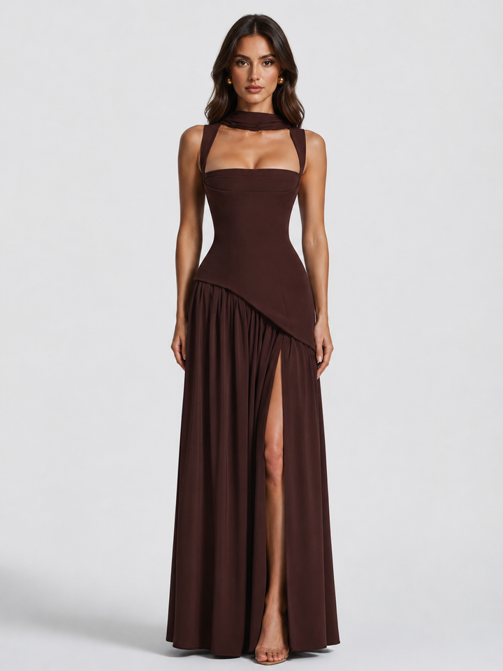 Maxi Dress Womens Satin Feel Draped Sculpted Bodice Fluid Skirt