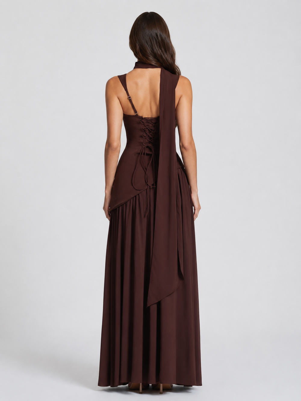Maxi Dress Womens Satin Feel Draped Sculpted Bodice Fluid Skirt