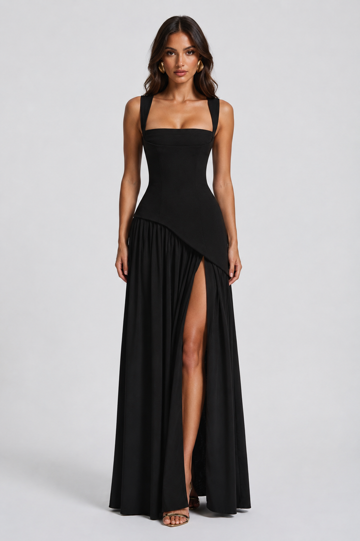 Maxi Dress Womens Satin Feel Draped Sculpted Bodice Fluid Skirt