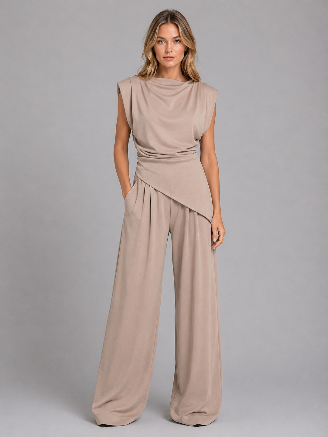 Two Piece Co Ord Set Womens Draped Sleeveless Top Wide Leg
