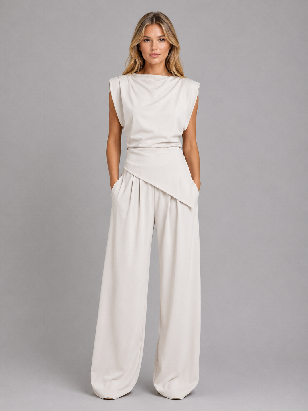 Two Piece Co Ord Set Womens Draped Sleeveless Top Wide Leg