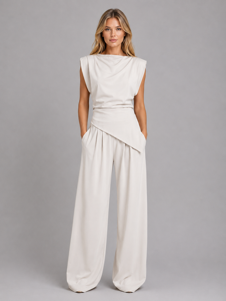 Two Piece Co Ord Set Womens Draped Sleeveless Top Wide Leg