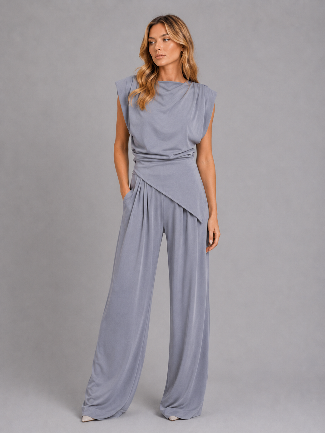 Two Piece Co Ord Set Womens Draped Sleeveless Top Wide Leg