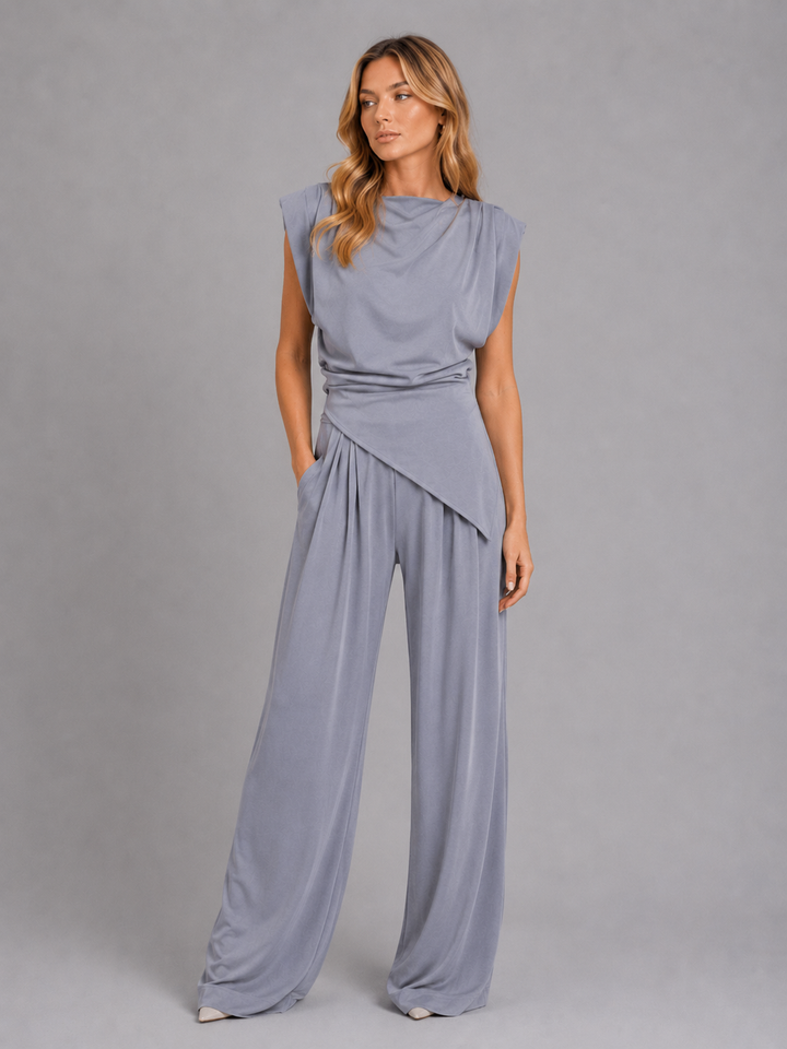 Two Piece Co Ord Set Womens Draped Sleeveless Top Wide Leg