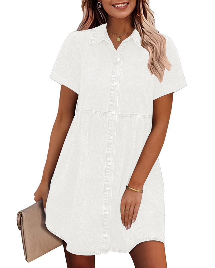 Denim Shirt Dress Womens Button Down Babydoll Short Sleeve Mini Collared - image 11