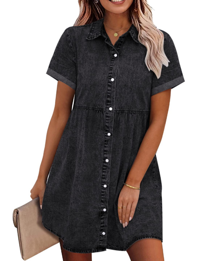 Denim Shirt Dress Womens Button Down Babydoll Short Sleeve Mini Collared - image 10