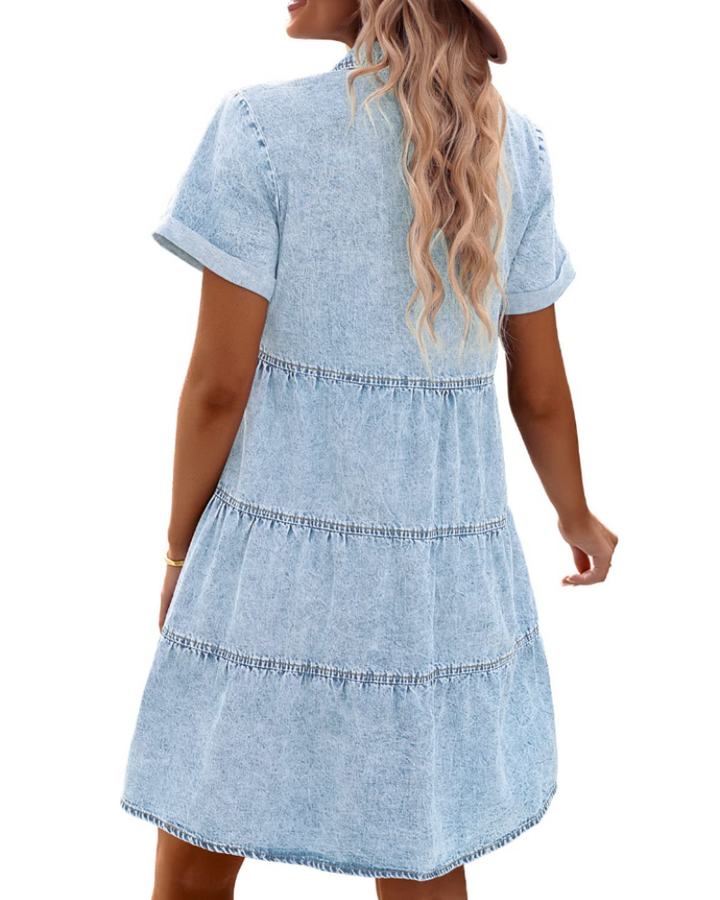 Denim Shirt Dress Womens Button Down Babydoll Short Sleeve Mini Collared - image 5