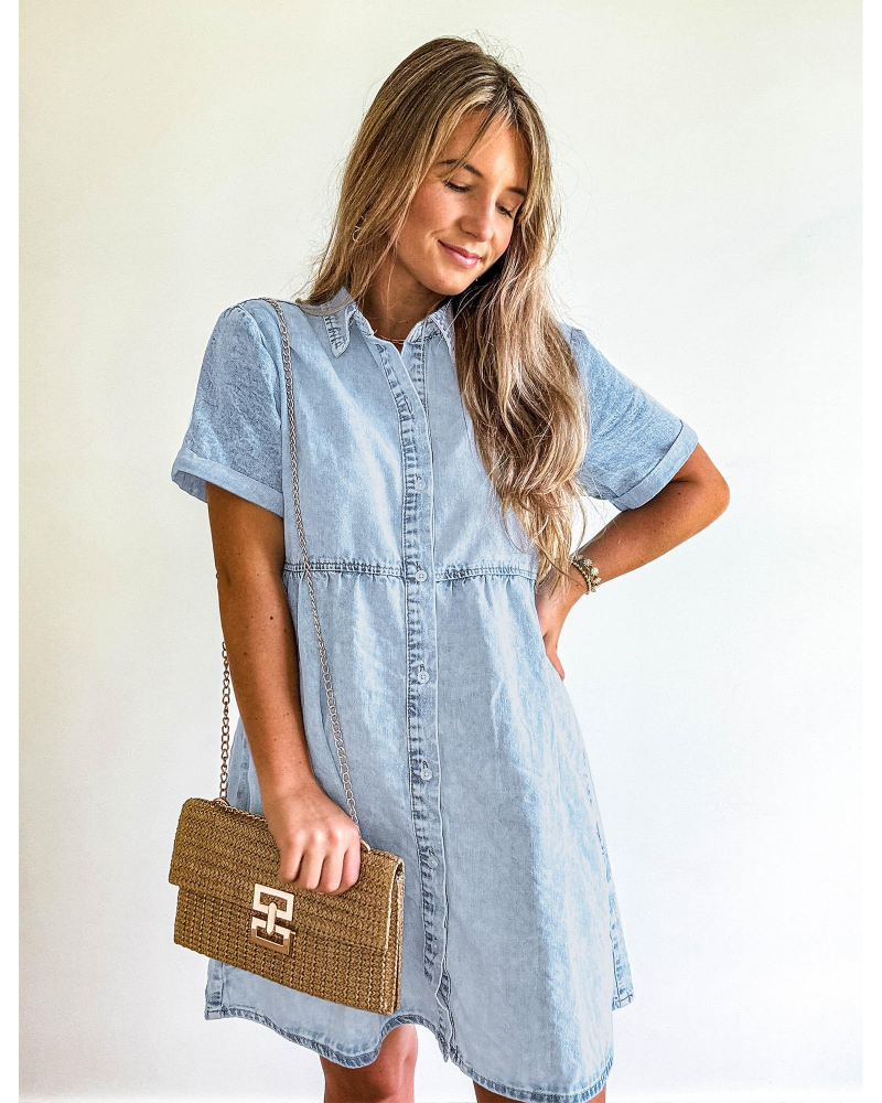 Denim Shirt Dress Womens Button Down Babydoll Short Sleeve Mini Collared - image 4