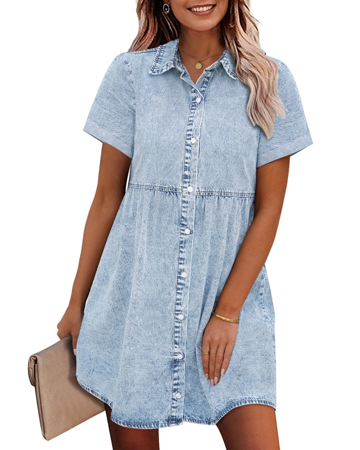 Denim Shirt Dress Womens Button Down Babydoll Short Sleeve Mini Collared - image 6