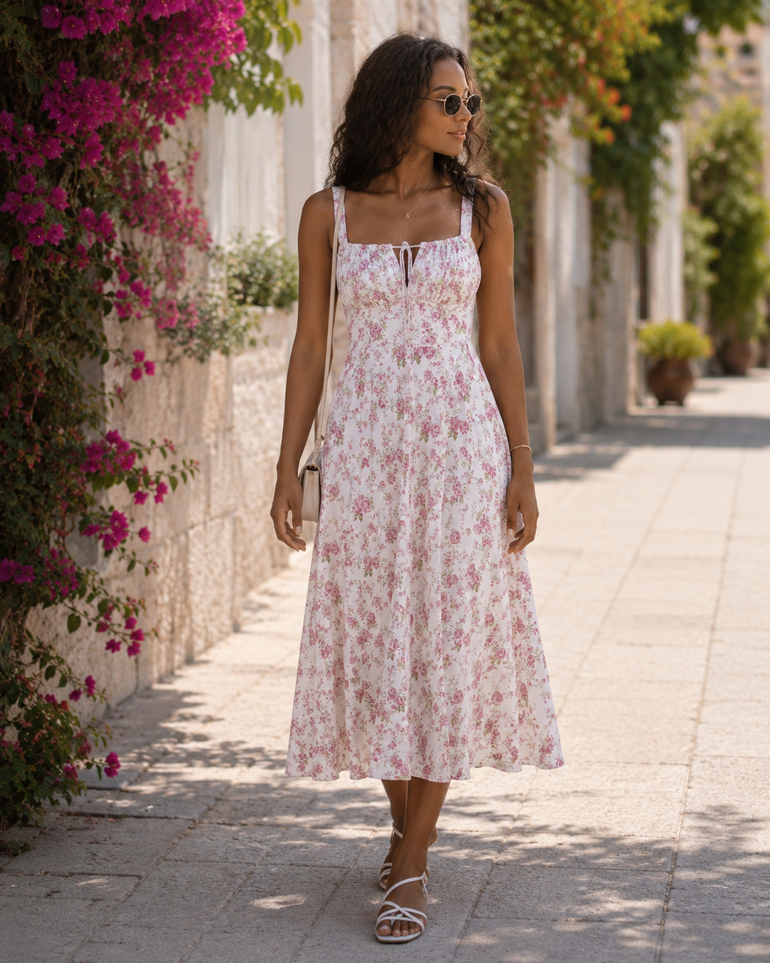 Midi Sundress Womens Thin Strap Tie Front Ruched Bust Leg Slit Floral Boho A-Line - image 1