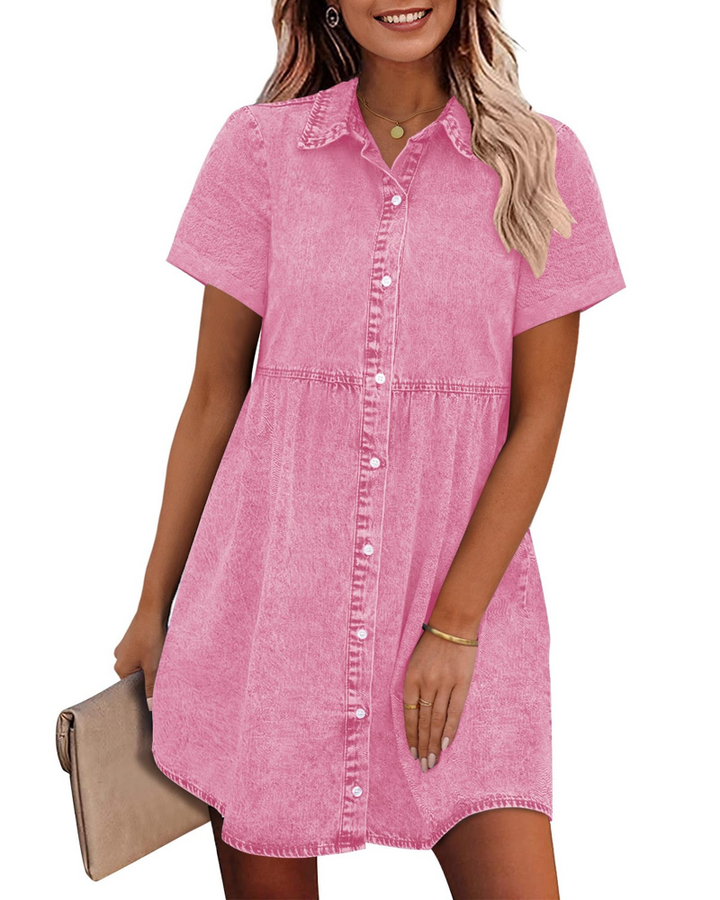 Denim Shirt Dress Womens Button Down Babydoll Short Sleeve Mini Collared - image 20