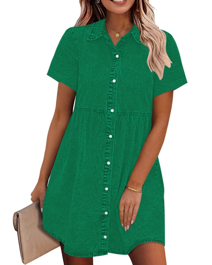 Denim Shirt Dress Womens Button Down Babydoll Short Sleeve Mini Collared - image 16