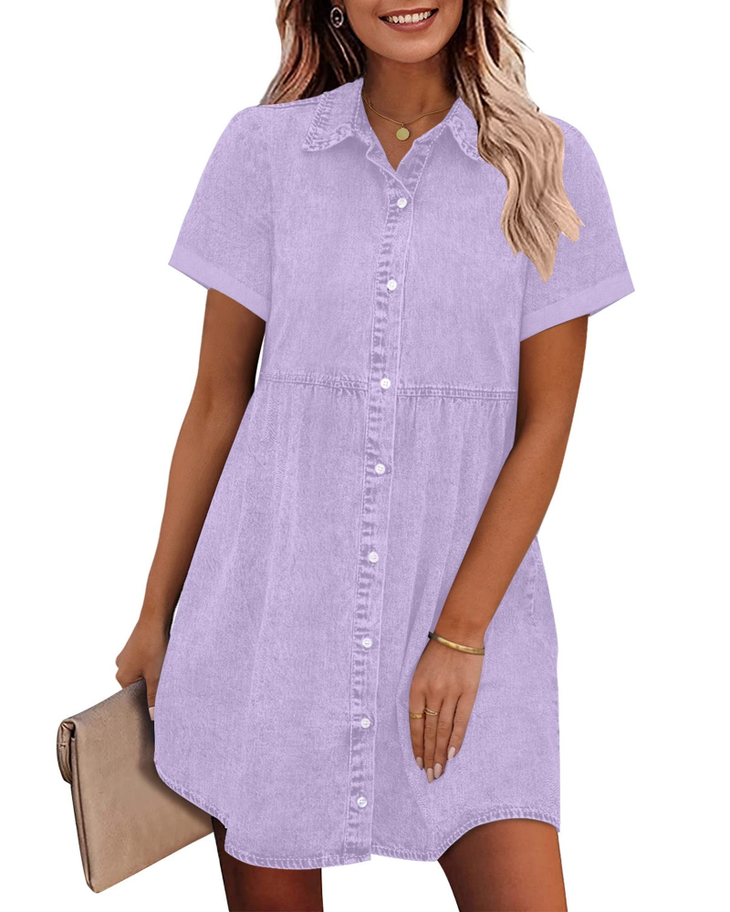 Denim Shirt Dress Womens Button Down Babydoll Short Sleeve Mini Collared - image 21