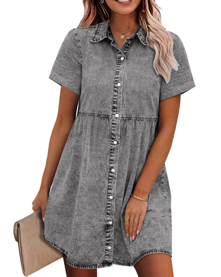 Denim Shirt Dress Womens Button Down Babydoll Short Sleeve Mini Collared - image 14