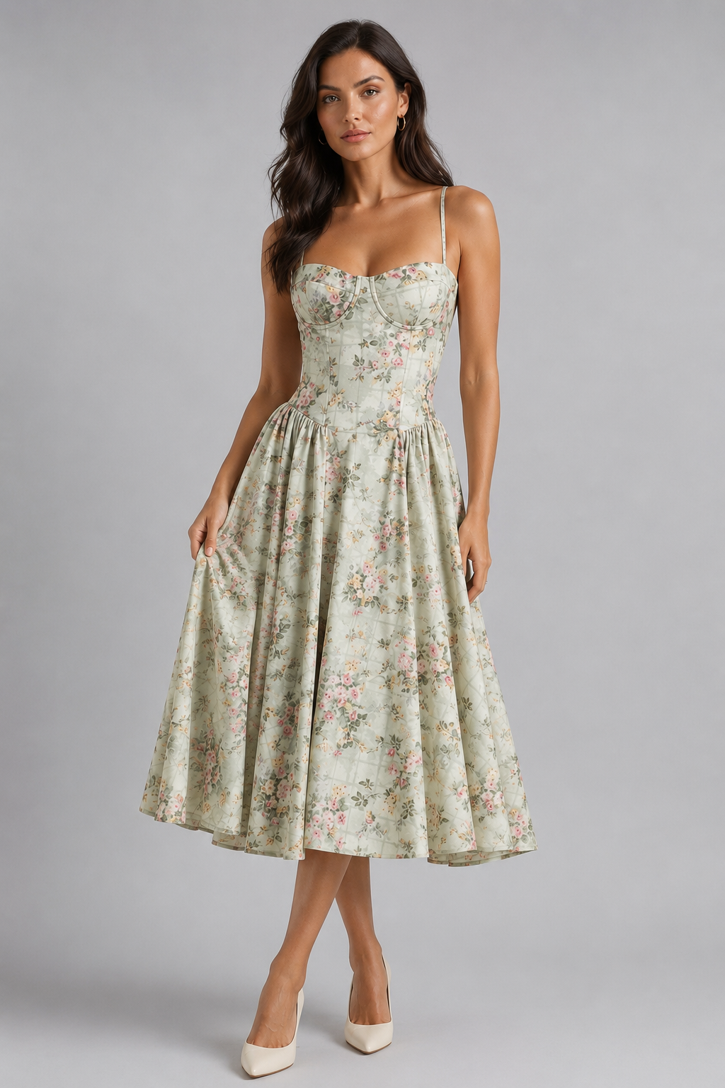 Midi Dress Womens Floral Corset Bodice Sweetheart Neck Tie Front Full Gathered Skirt — image 1