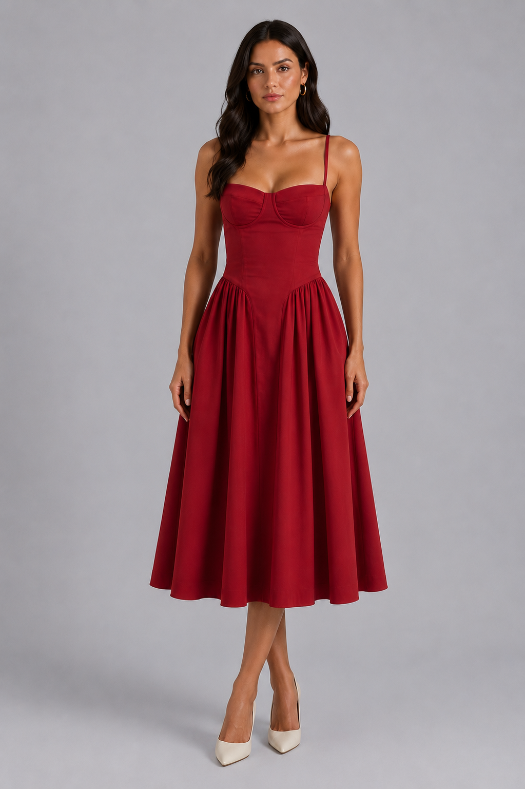 Midi Dress Womens Floral Corset Bodice Sweetheart Neck Tie Front Full Gathered Skirt — image 9