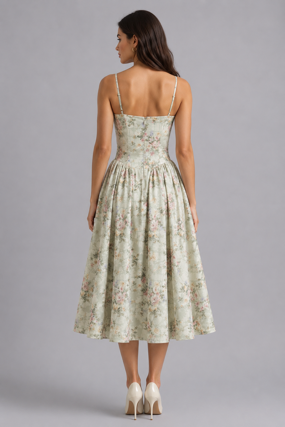Midi Dress Womens Floral Corset Bodice Sweetheart Neck Tie Front Full Gathered Skirt — image 2