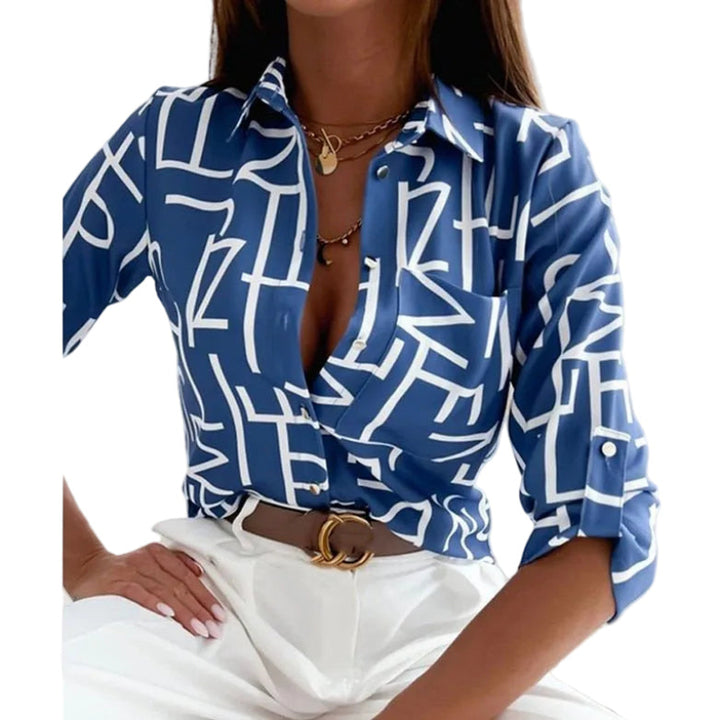 Women’s Geometric Print Button Down Blouse Long Sleeve Collared