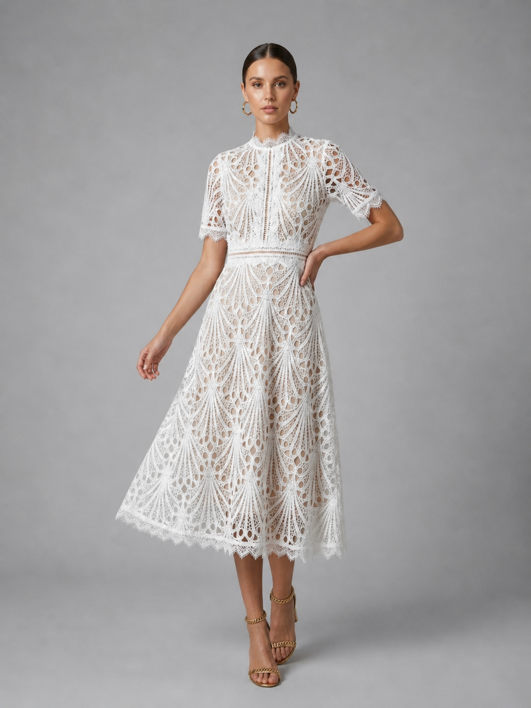 Midi Dress Womens Lace Cutwork High Neck A Line